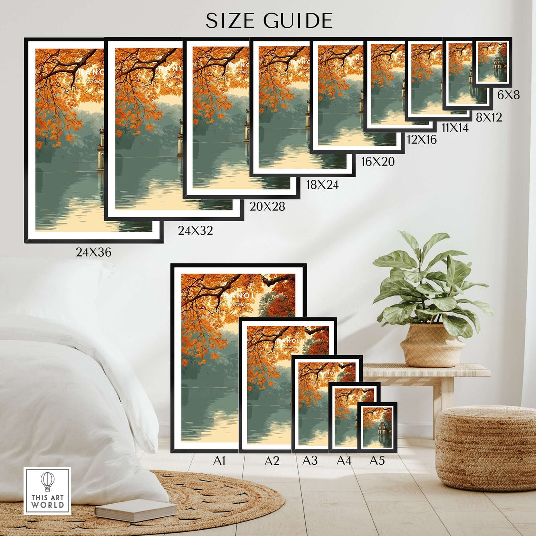 Size guide for Hanoi Vietnam poster with Hoan Kiem Lake temple in various frame sizes.
