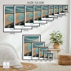 Hayle Sandy Beach Poster - Cornish Travel Decor size guide with various frame sizes displayed in a cozy living space.