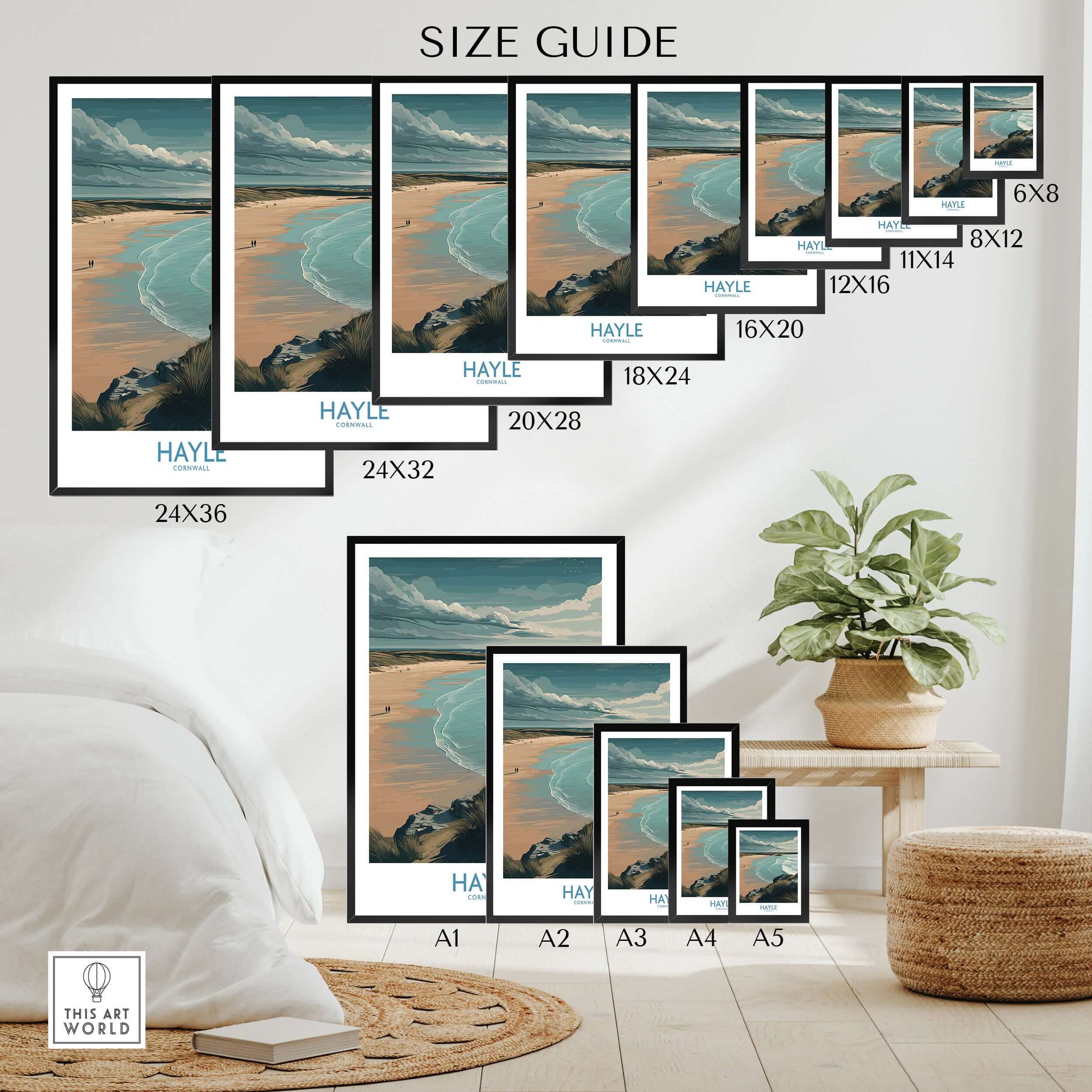 Hayle Sandy Beach Poster - Cornish Travel Decor size guide with various frame sizes displayed in a cozy living space.