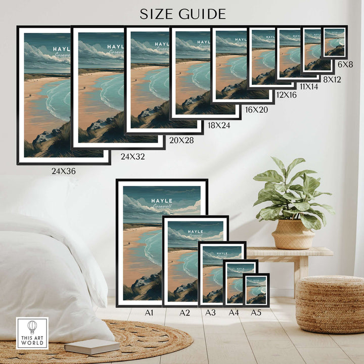 Size guide for Hayle Cornwall Coastal Beach print, showcasing various frame sizes and wall art arrangements.