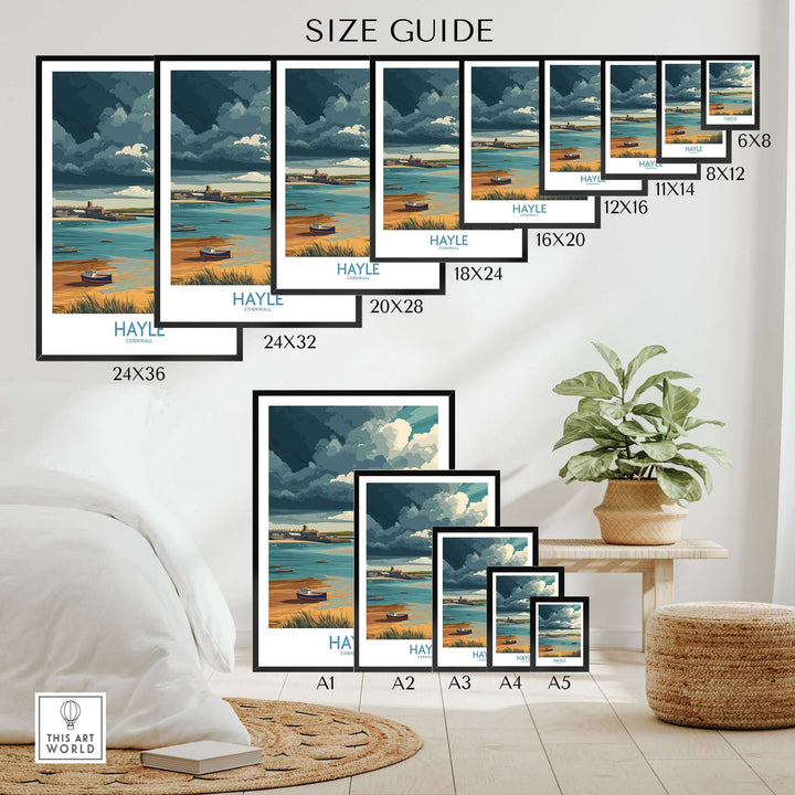 Size guide for Hayle Stormy Sky Seascape Poster, showcasing various print dimensions and home decor setup.