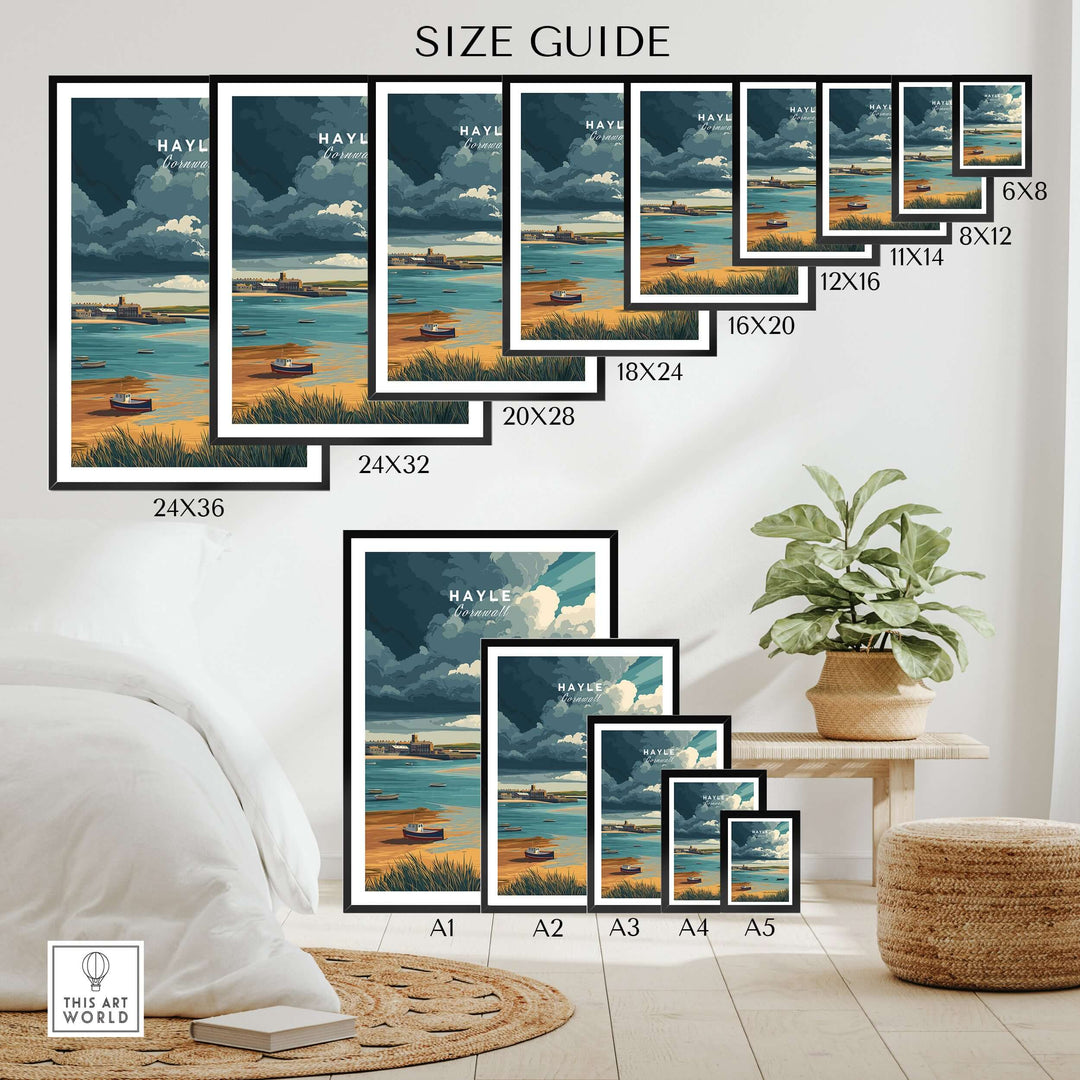 Hayle Boats in the Bay print size guide showcasing various frame sizes for coastal Cornwall wall art.