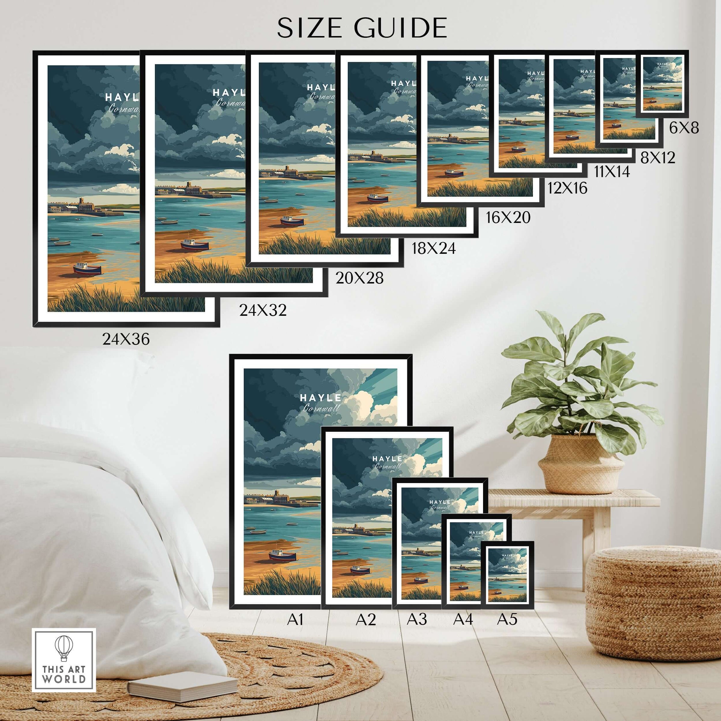 Hayle Boats in the Bay Print - Coastal Cornwall Wall Art size guide showcasing various print sizes.