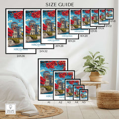 Hiroshima Japan Genbaku Dome Poster - Historic Landmark Decor size guide showcasing various frame sizes.
