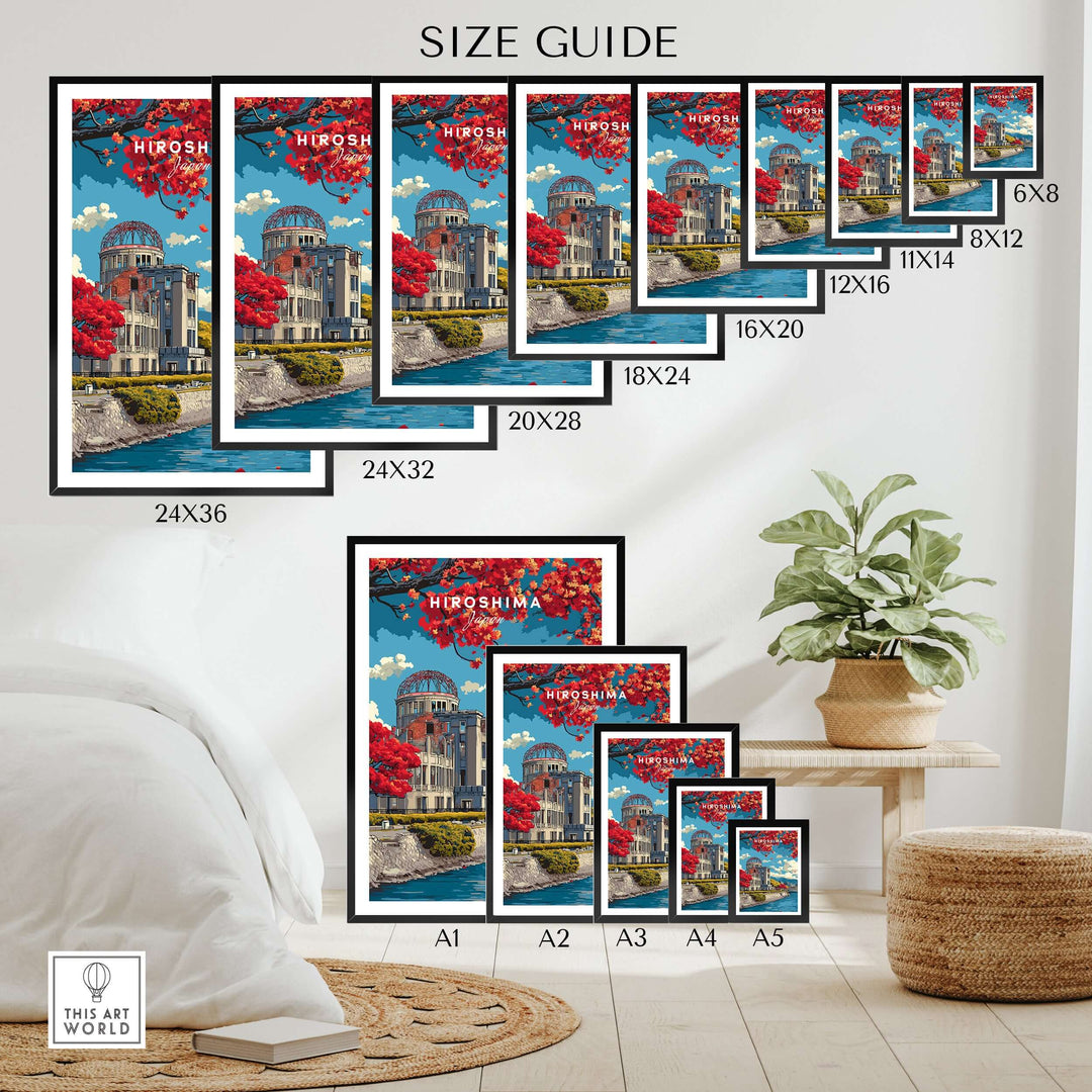 Size guide for Hiroshima Japan print wall art in various dimensions, displayed in a stylish home setting.