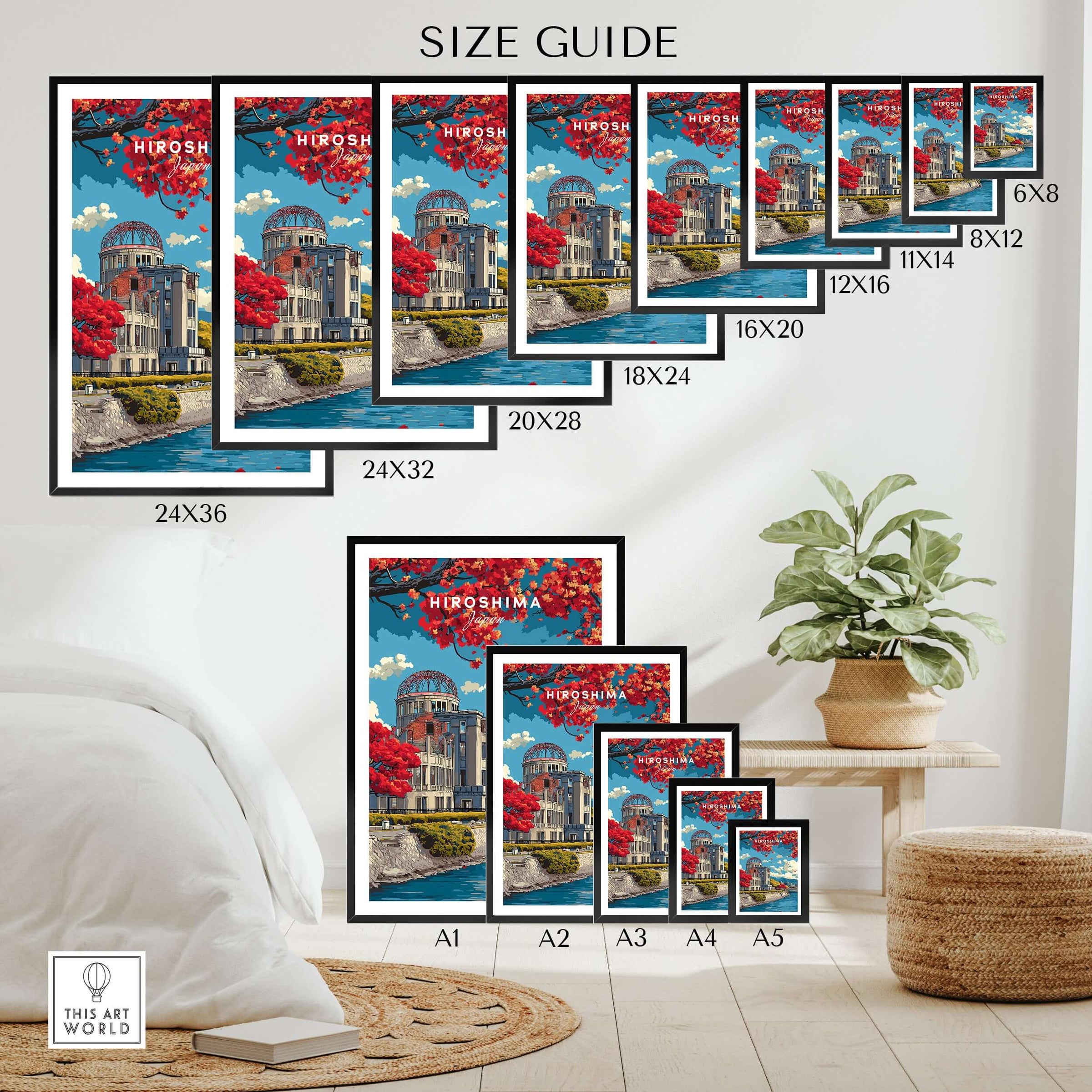 Hiroshima Japan Print Wall Art size guide displaying various dimensions suitable for home decor.