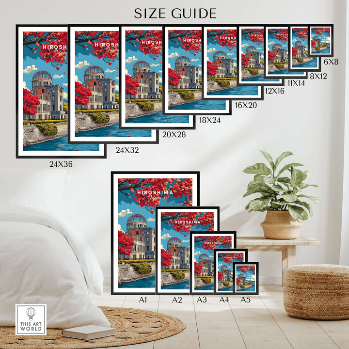 Size guide for Hiroshima Japan print wall art in various dimensions, displayed in a stylish home setting.