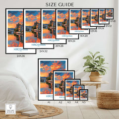 Hiroshima Japan Print - Symbolic Cityscape Decor size guide displaying various frame options.