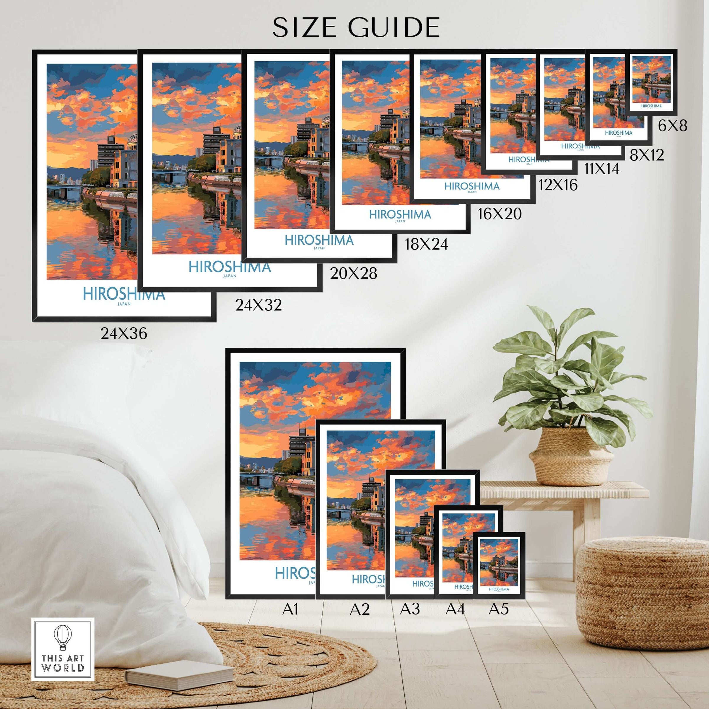 Hiroshima Japan Print - Symbolic Cityscape Decor size guide displaying various frame options.