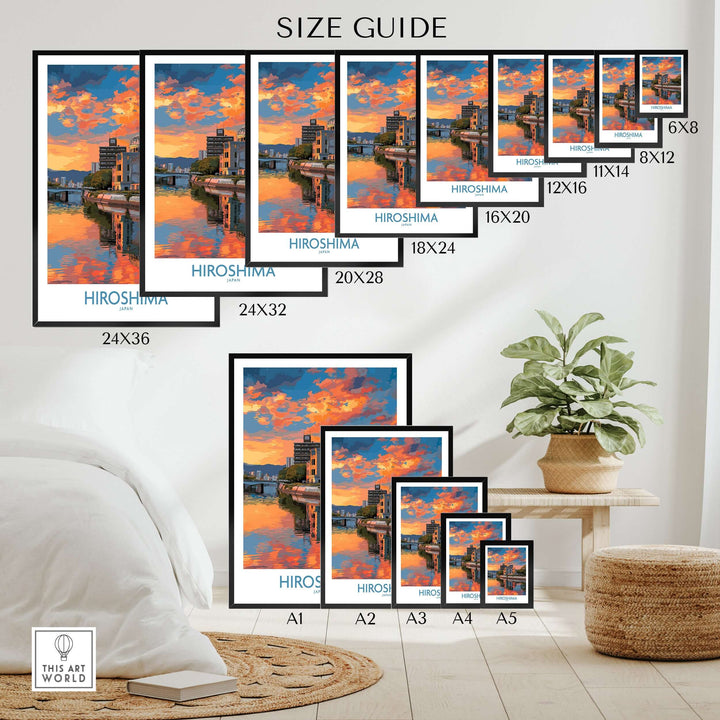 Size guide for Hiroshima Japan print, showcasing various dimensions for cityscape decor.