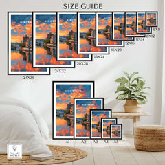 Hiroshima Japan Sunset Poster - Vibrant Sky Wall Art size guide display with various frame sizes and home decor