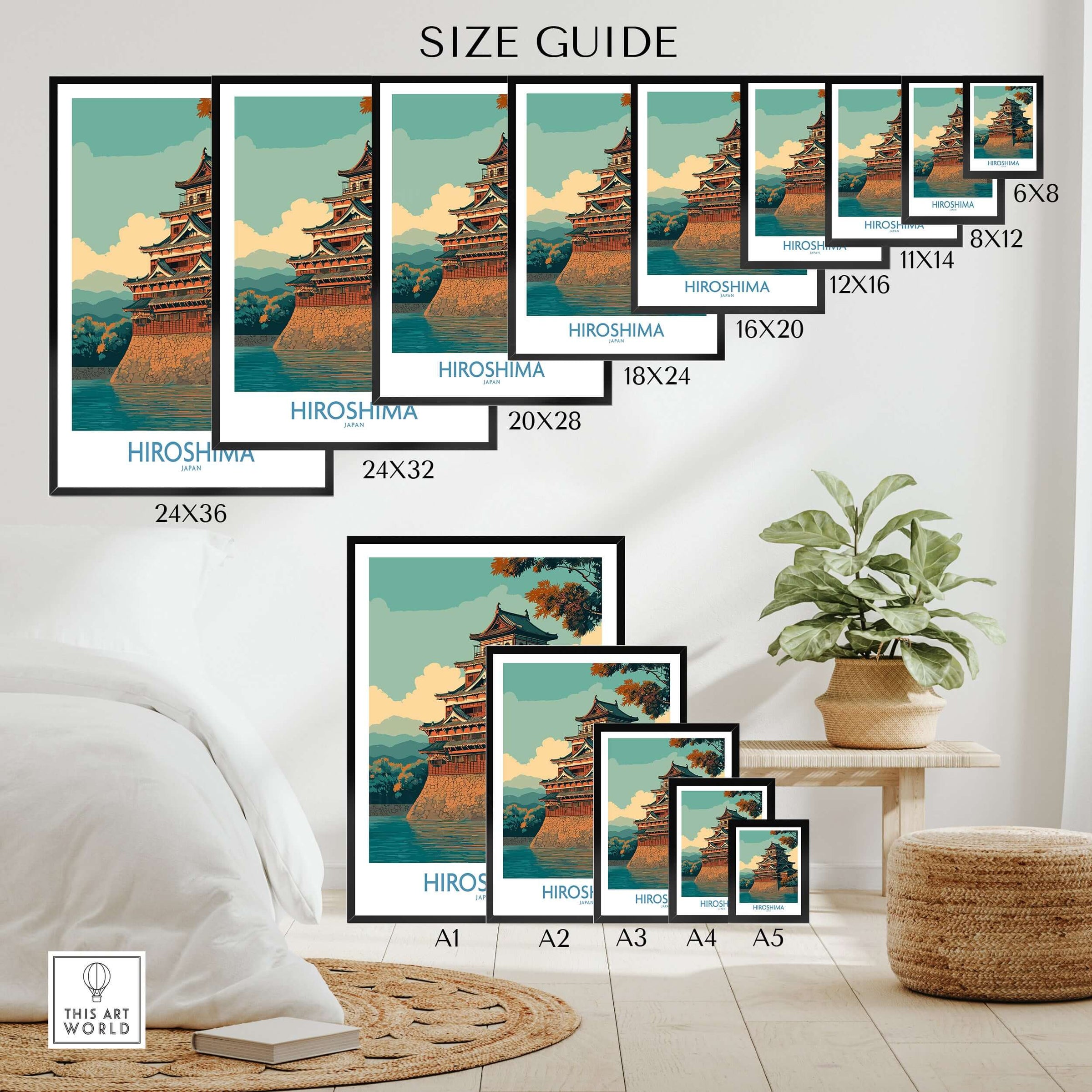 Hiroshima Japan Wall Art - Traditional Landmark Decor size guide with various frame options displayed.