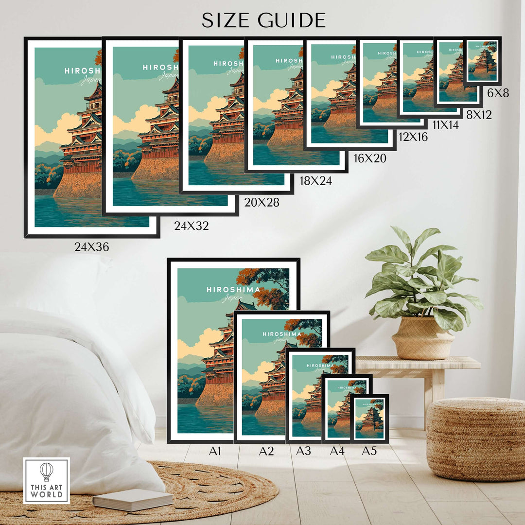 Size guide for Hiroshima Print Japan showcasing various frame sizes for historic architecture poster.