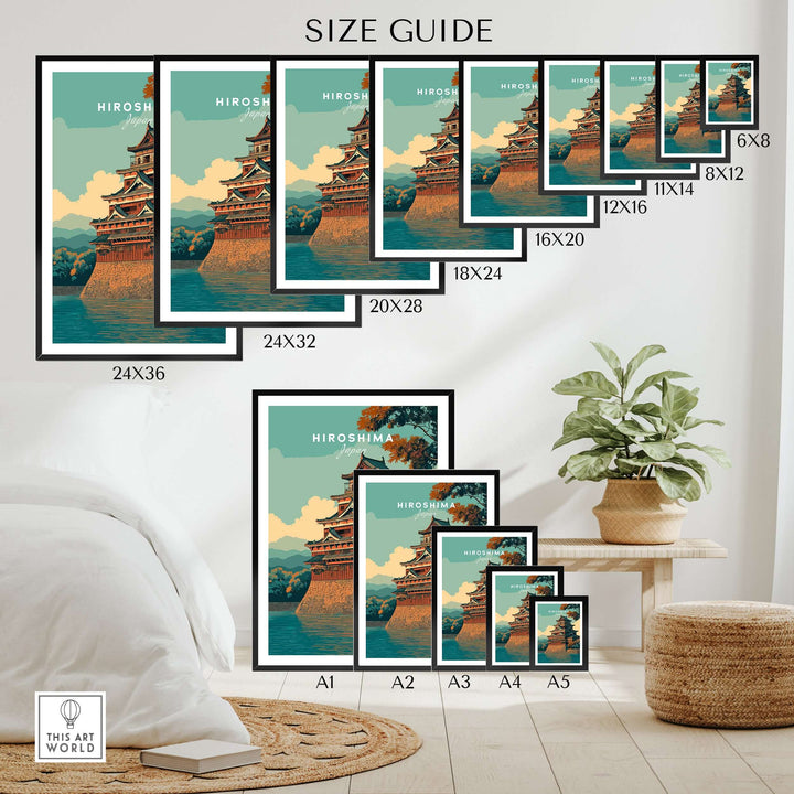 Size guide for Hiroshima Print Japan showcasing various frame sizes for historic architecture poster.