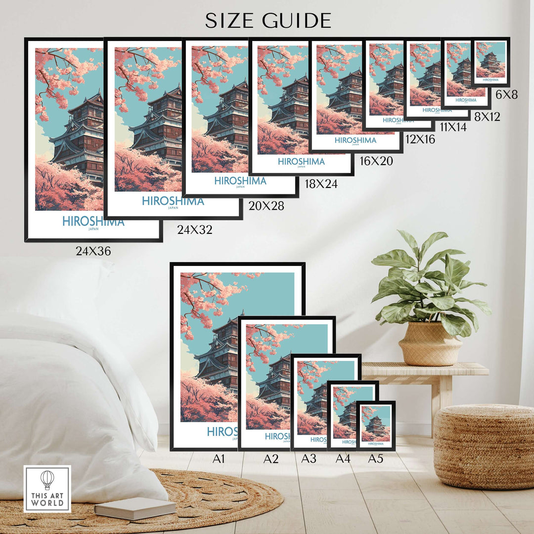 Size guide for Hiroshima cherry blossom wall art prints in various dimensions, showcasing vibrant floral design.