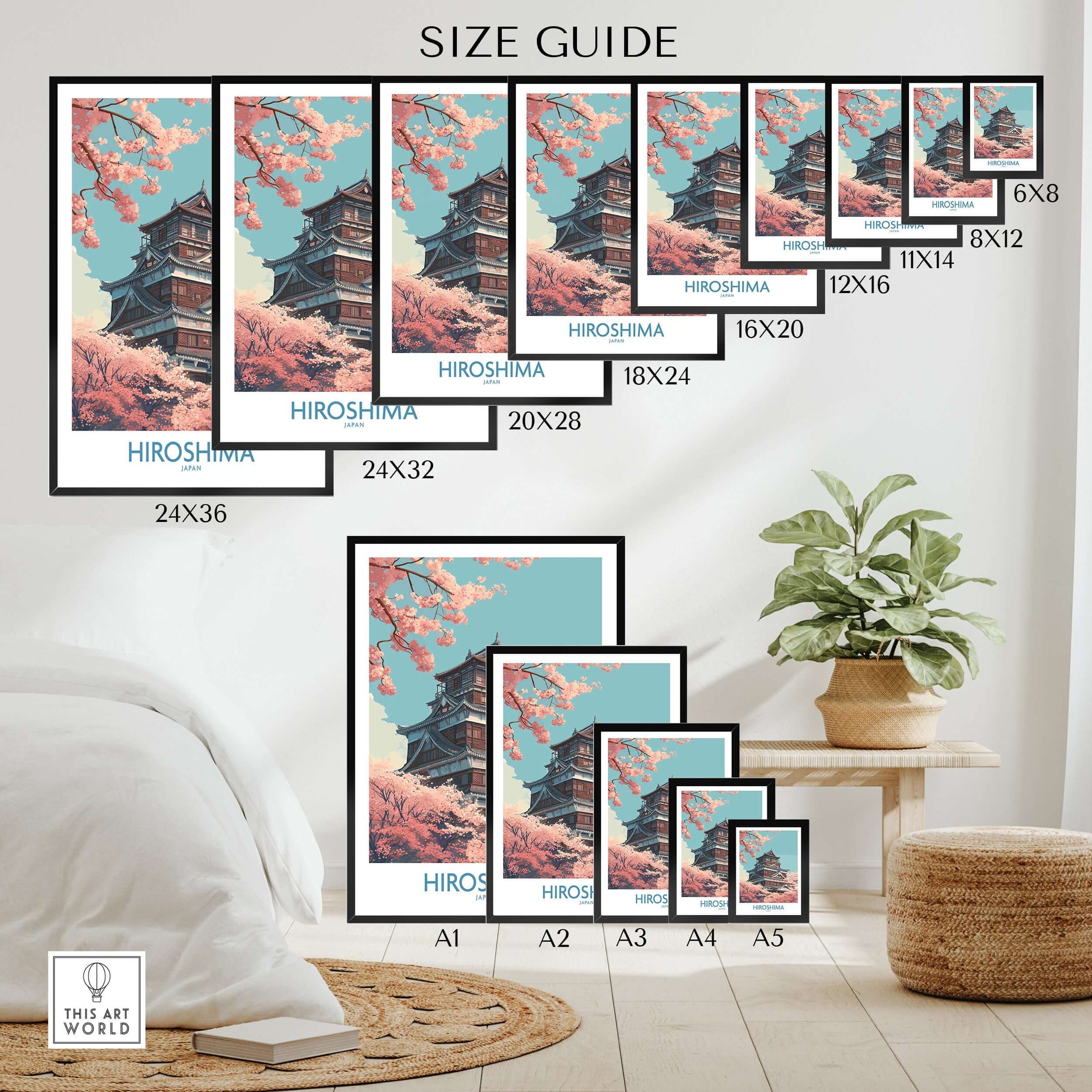 Size guide displaying Hiroshima Wall Art Print Japan Cherry Blossom Poster in various dimensions.
