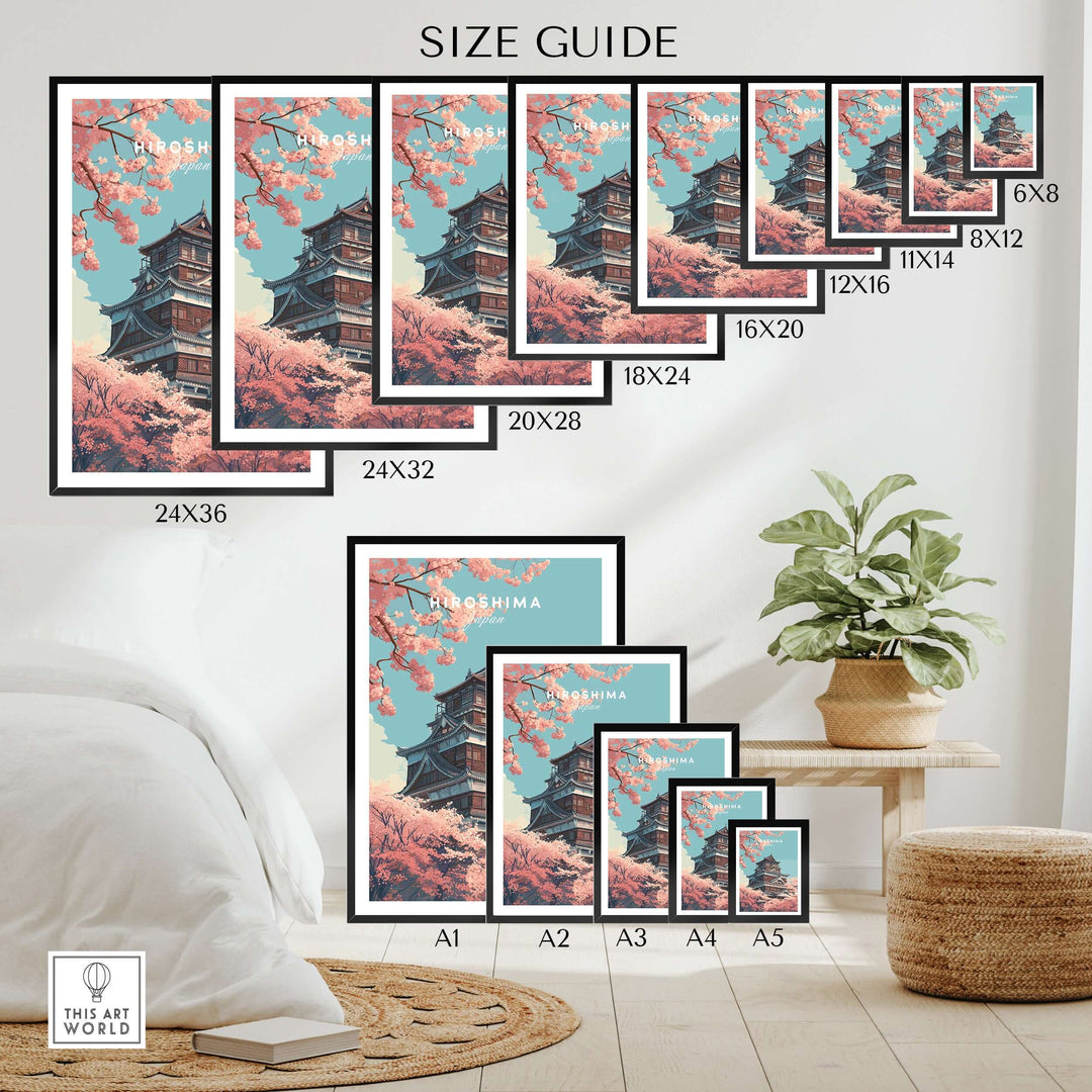 Size guide for Hiroshima Cherry Blossom poster showcasing various frame sizes and wall displays.
