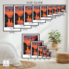 Hoi An Wall Art Vietnam - River Boats Poster size guide displaying various frame sizes on a stylish interior backdrop.