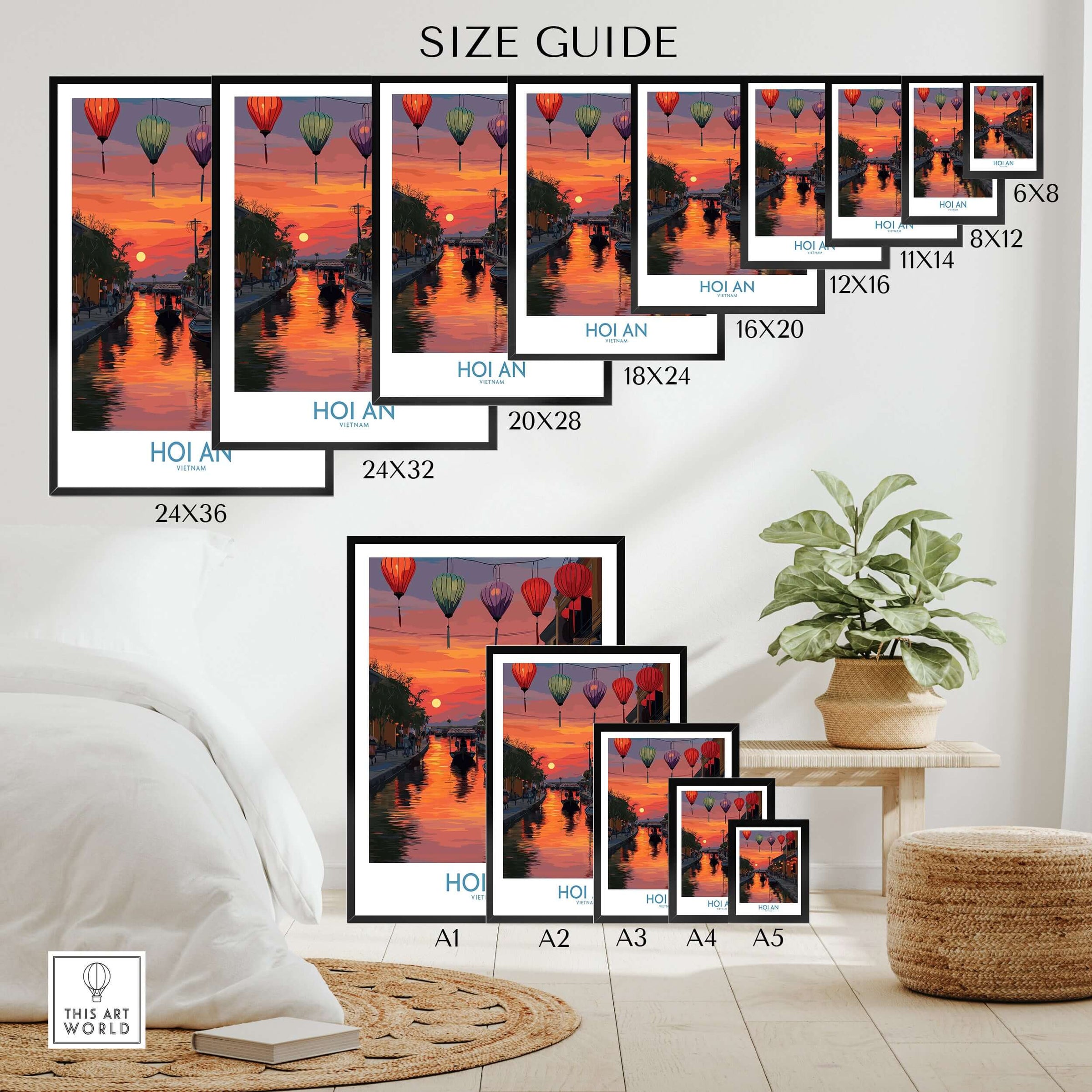 Hoi An Wall Art Vietnam - River Boats Poster size guide displaying various frame sizes on a stylish interior backdrop.