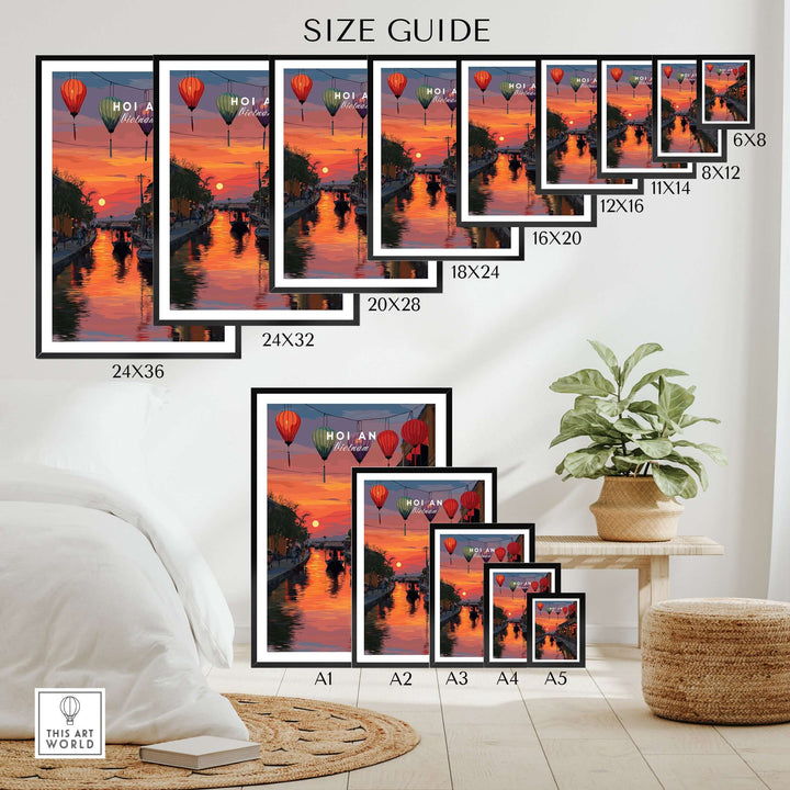 Size guide for Hoi An Lantern Festival sunset print featuring various frame sizes against a modern decor background.