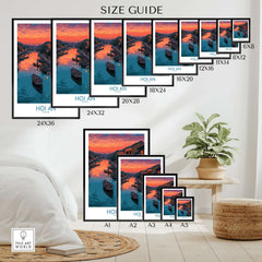 Size guide for Hoi An Print Vietnam Colorful Lantern Poster in various dimensions with a stylish interior backdrop.