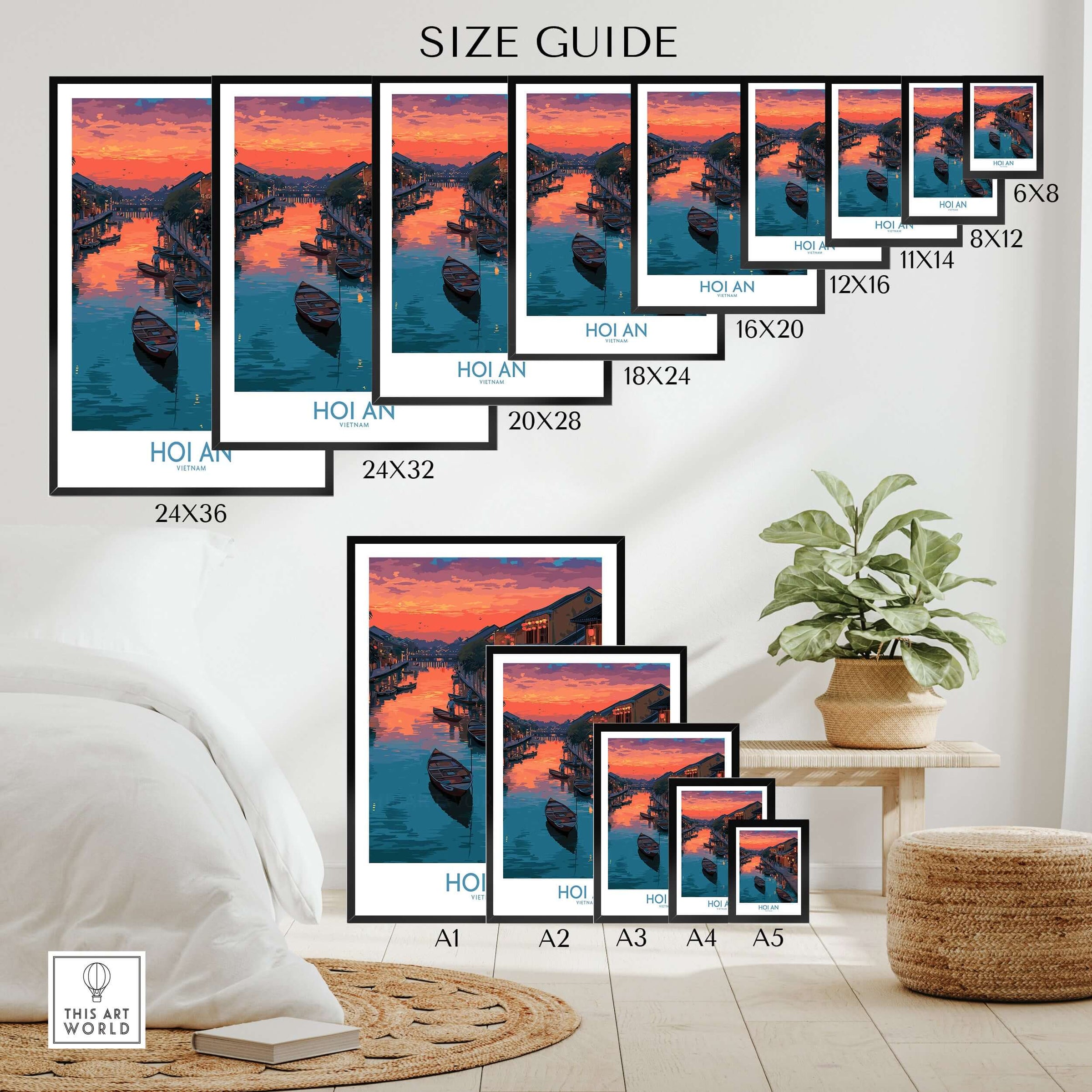 Size guide for Hoi An Print Vietnam Colorful Lantern Poster in various dimensions with a stylish interior backdrop.