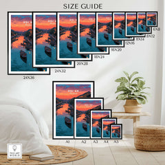 Size guide for Hoi An Vietnam Poster - Ancient Town Wall Art in various frame sizes displayed in a cozy living room.