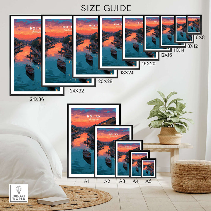 Size guide for Hoi An Vietnam poster showcasing various dimensions for wall art display.