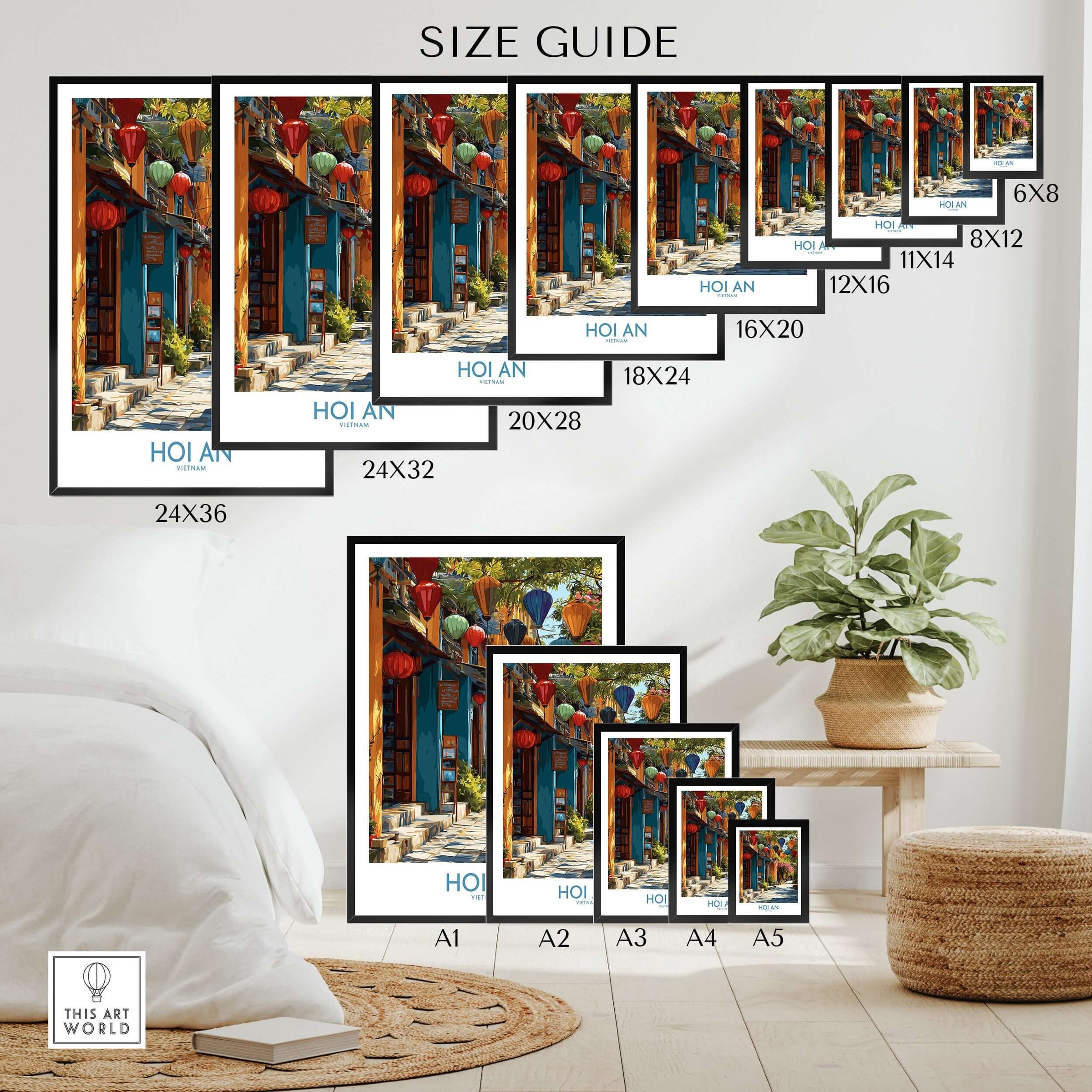 A size guide for Hoi An Vietnam Wall Art Print featuring colorful lantern designs.