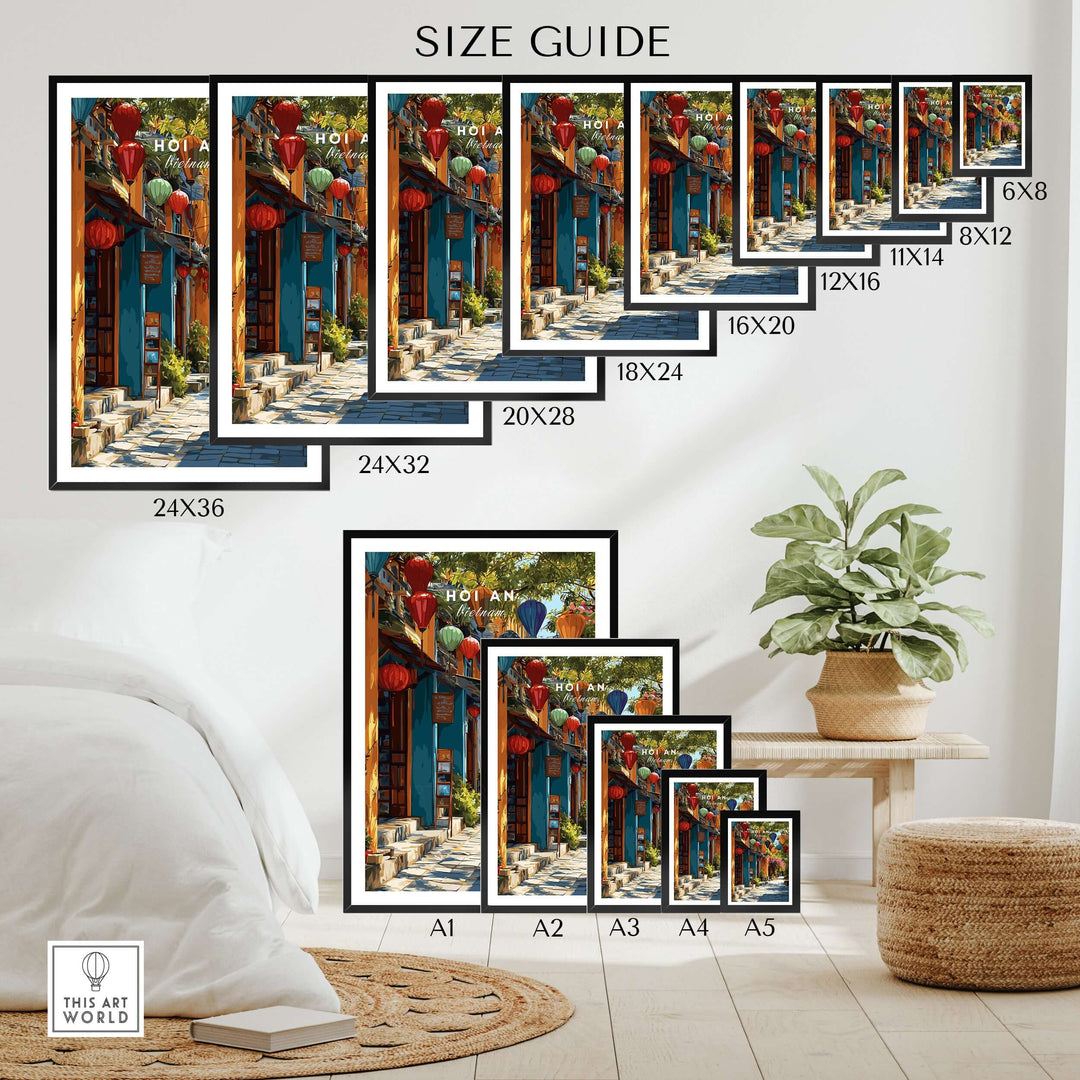 Size guide for Hoi An Vietnam poster with vibrant lantern alley in various frame sizes.