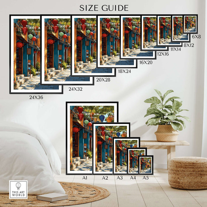 Size guide for Hoi An Vietnam poster with vibrant lantern alley in various frame sizes.