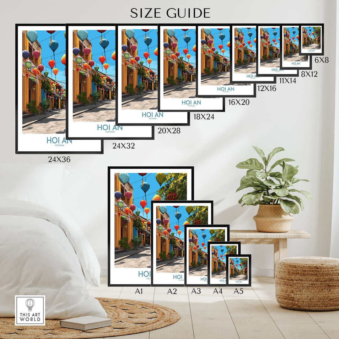 Size guide for Hoi An Vietnam Traditional Lanterns Wall Art in various frame sizes and dimensions.