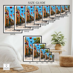 Hoi An Vietnam Colorful Lantern Street Poster - Ancient Town Hallway Print size guide showcasing various frame options.
