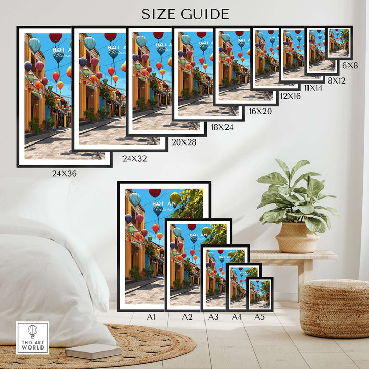 Size guide for Hoi An Vietnam colorful lantern street poster with multiple frame options and vibrant decor.