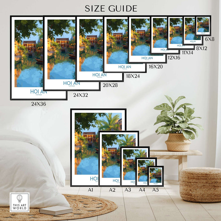 Size guide for Hoi An Vietnam Wall Art showcasing various print sizes of a serene evening river scene.