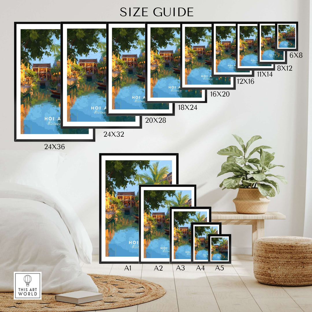 Size guide for Hoi An Vietnam Night Print with various frame sizes displayed in a cozy interior setting.