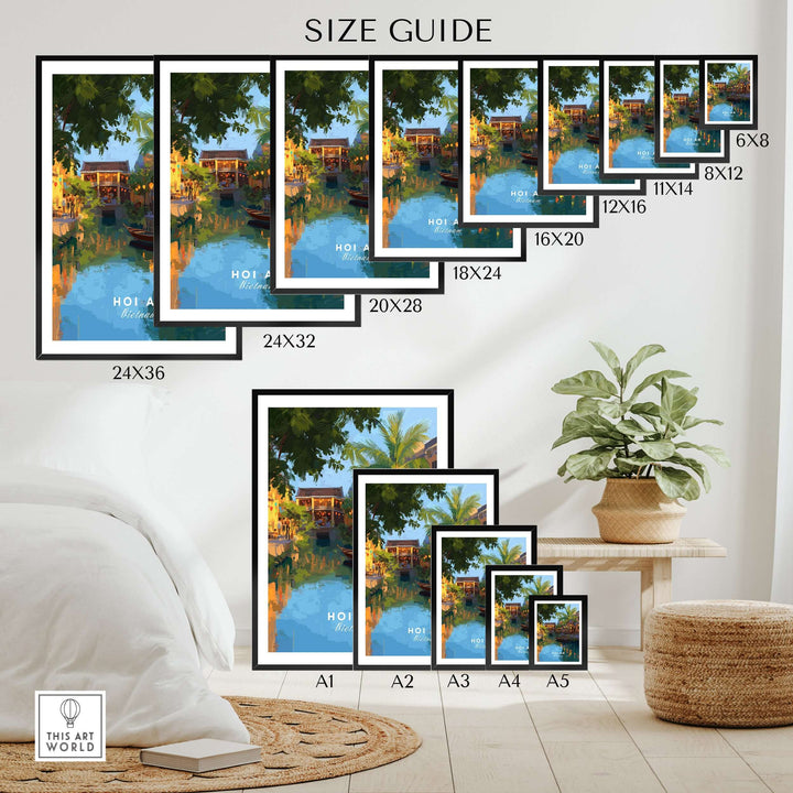 Size guide for Hoi An Vietnam Night Print with various frame sizes displayed in a cozy interior setting.
