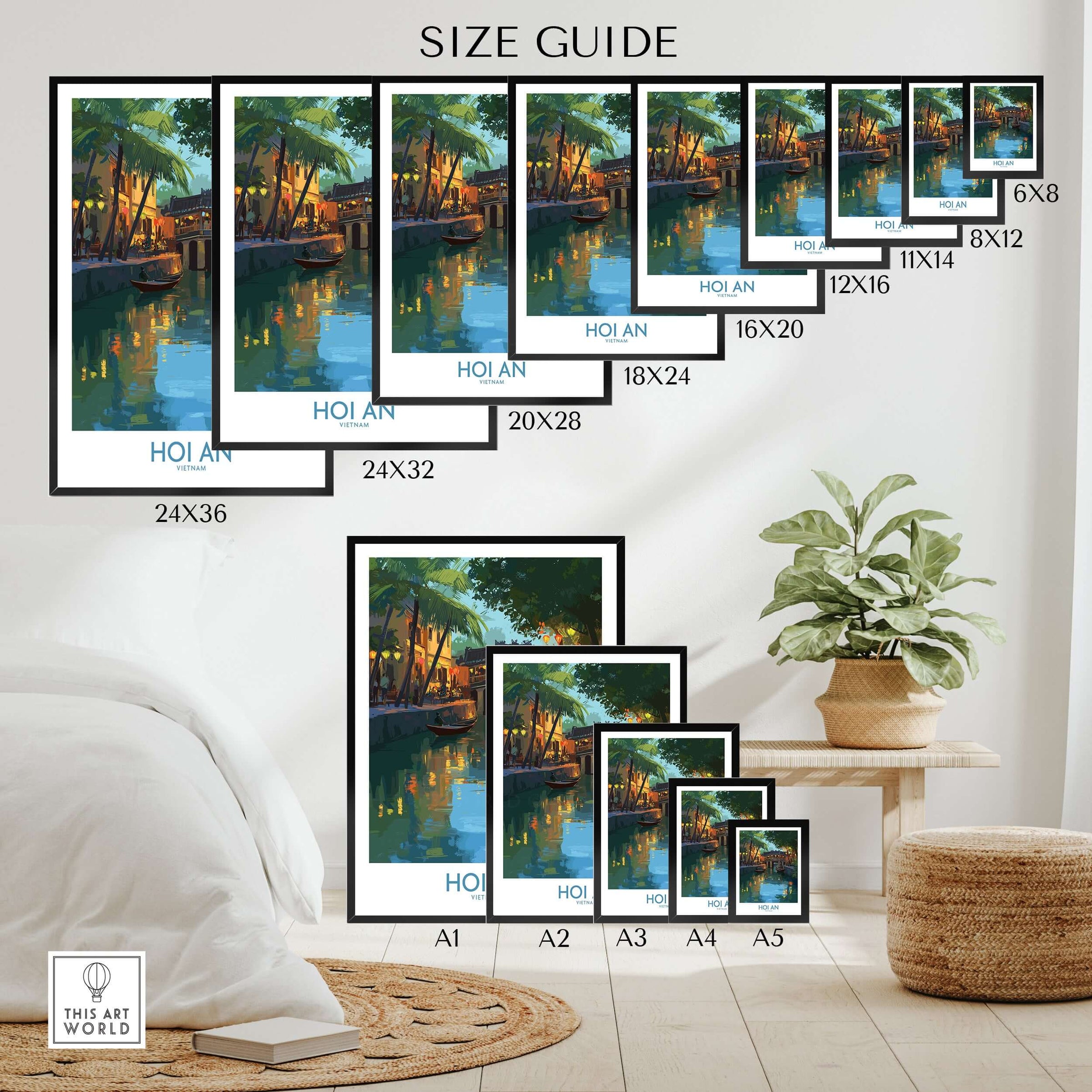Hoi An Vietnam River Scene Wall Art - Vietnamese Heritage Decor size guide showcasing various frame sizes.