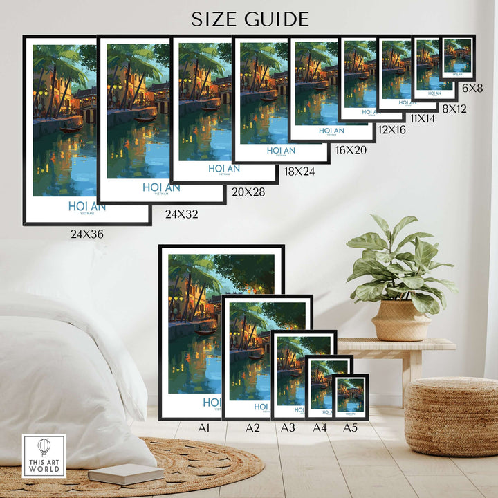 Size guide for Hoi An Vietnam River Scene Wall Art showcasing available dimensions and framed decor options.