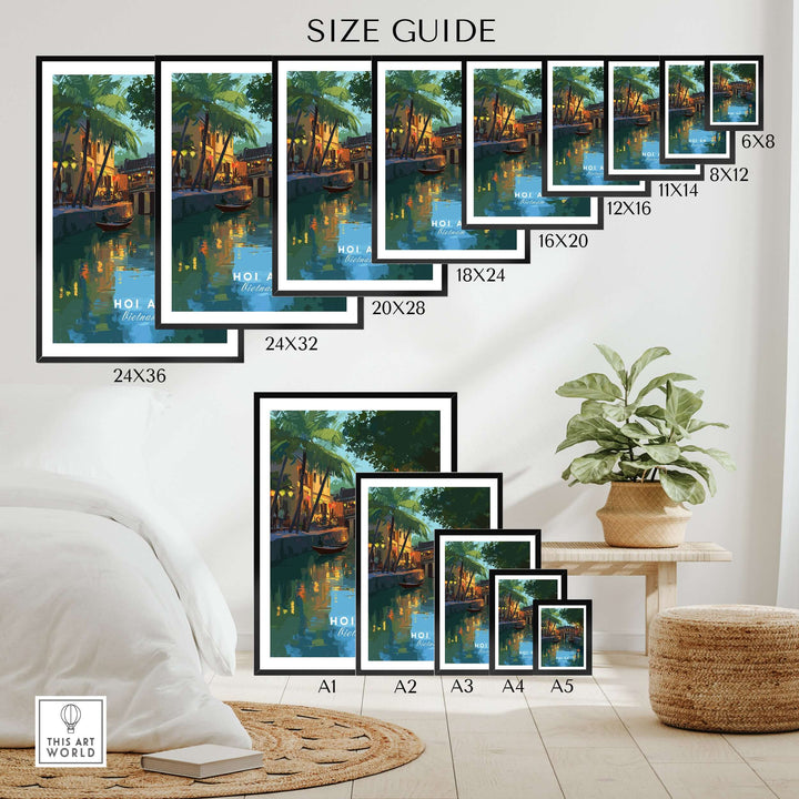 Size guide for Hoi An Vietnam poster showcasing various dimensions for home decor.