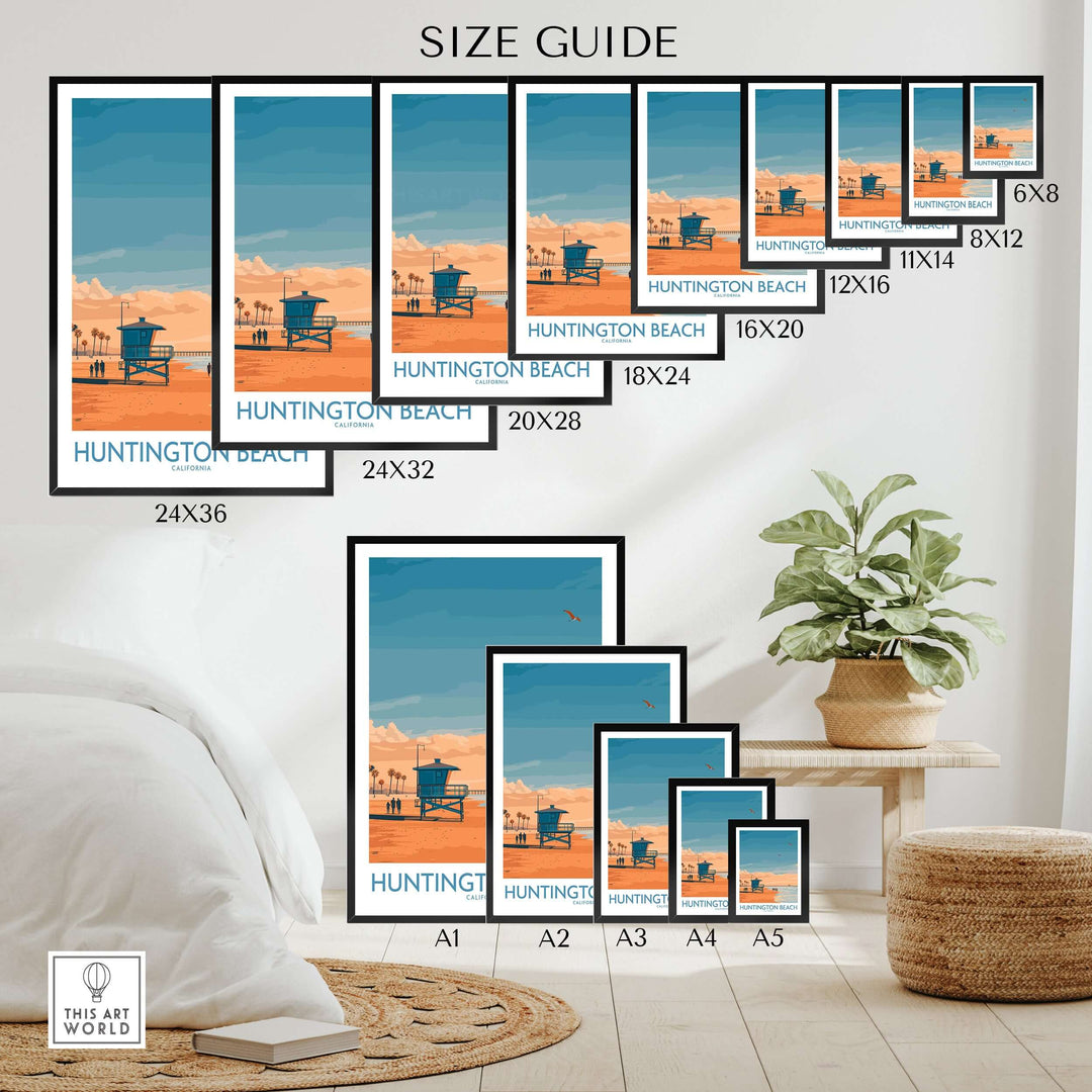 Huntington Beach Surfing Beach Poster size guide showcasing various frame sizes in an elegant interior setting.