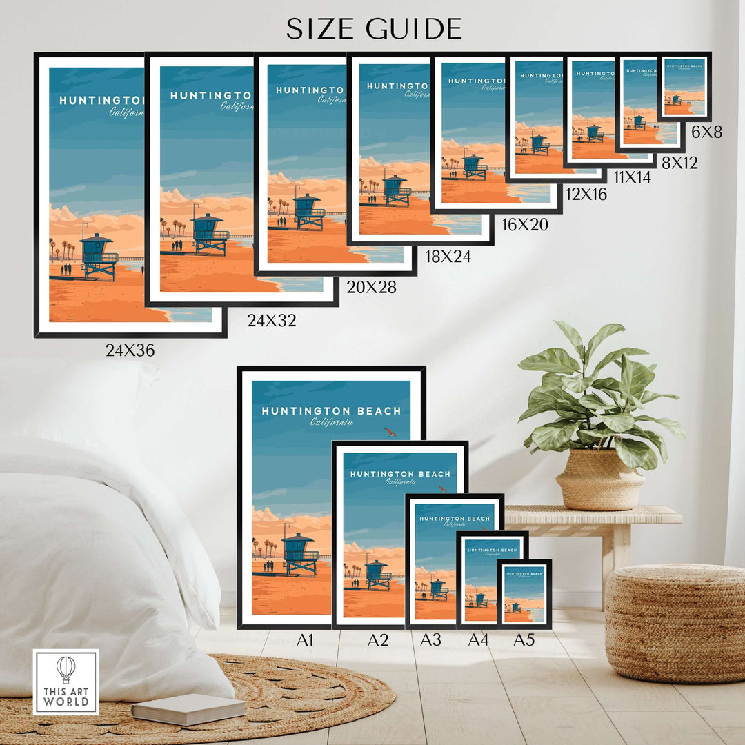 Size guide for Huntington Beach Lifeguard Tower print showcasing various frame sizes and coastal artwork.