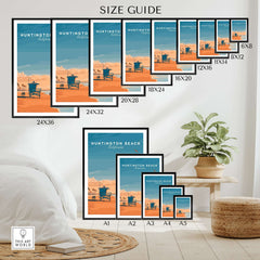 Huntington Beach Lifeguard Tower Print - California Sunset Wall Art size guide showing various frame sizes.