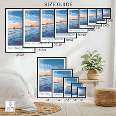 Huntington City Beach Orange County Poster - Surfing City Wall Art size guide with different frame options and dimensions.