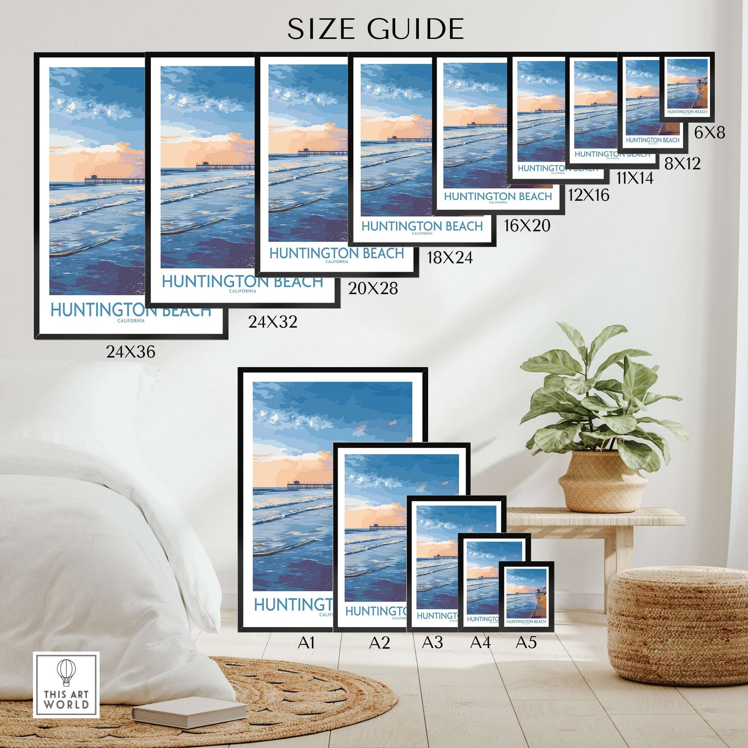 Huntington City Beach Orange County Poster - Surfing City Wall Art size guide with different frame options and dimensions.