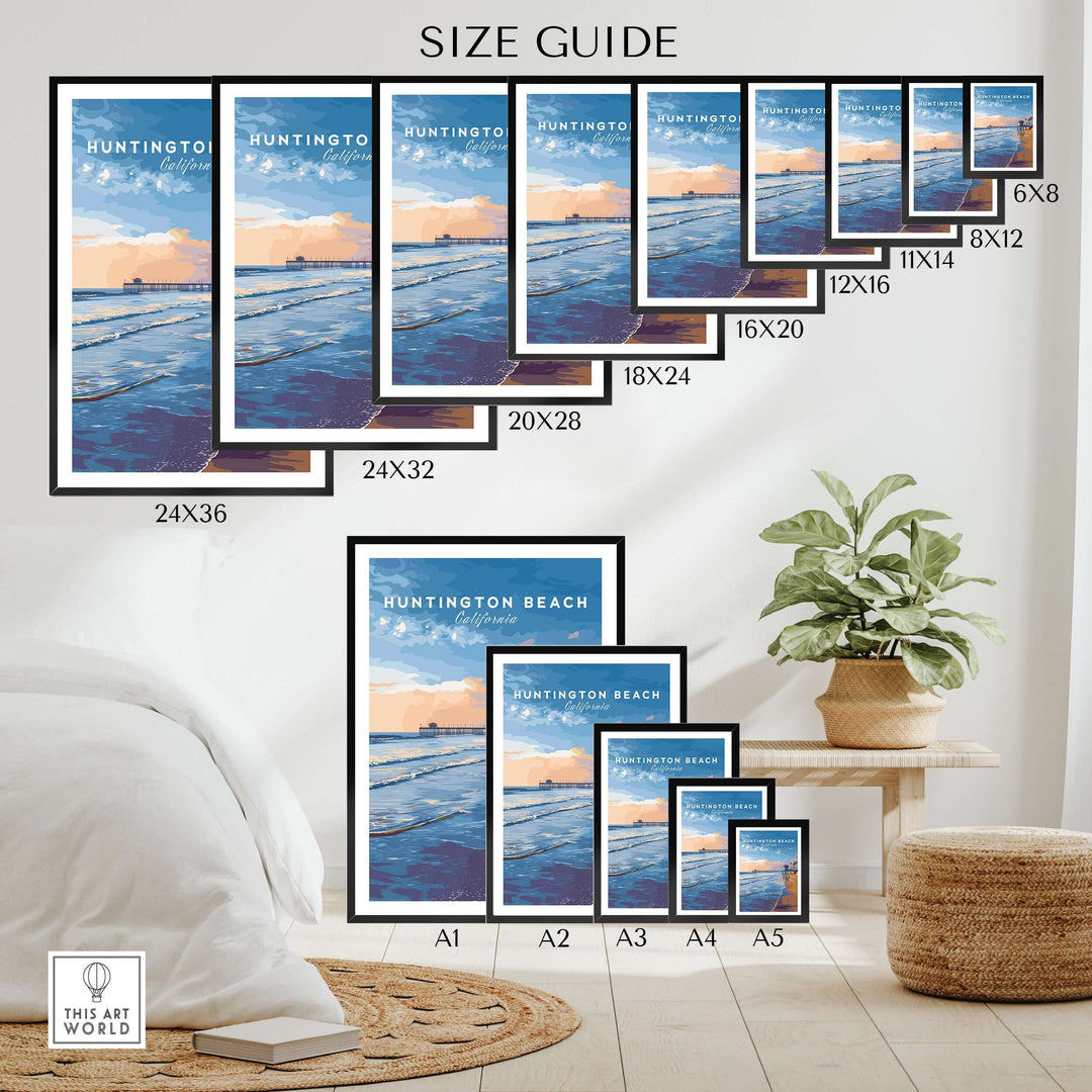 Size guide for Huntington Beach Pier at Sunset poster in various dimensions framed on a cozy living room wall.