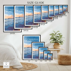 Huntington Beach Pier at Sunset Poster - Coastal California Wall Art size guide showing various frame sizes and dimensions.