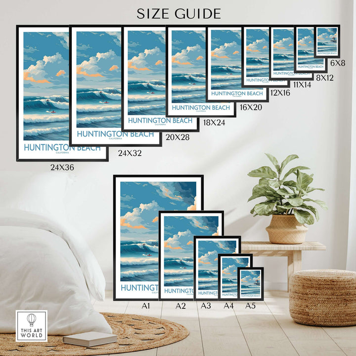 Size guide for Huntington Beach California surfing poster prints showcasing various dimensions and beach-themed decor.