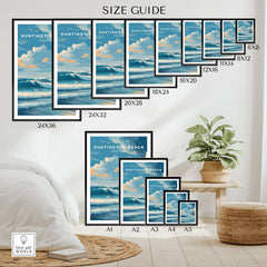 Huntington Beach Surfers Catching Waves Print - California Surfing Wall Art size guide showcasing various frame sizes.
