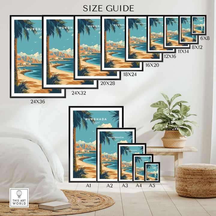 Size guide for Hurghada Egypt Red Sea beach prints in various dimensions for tropical wall art.